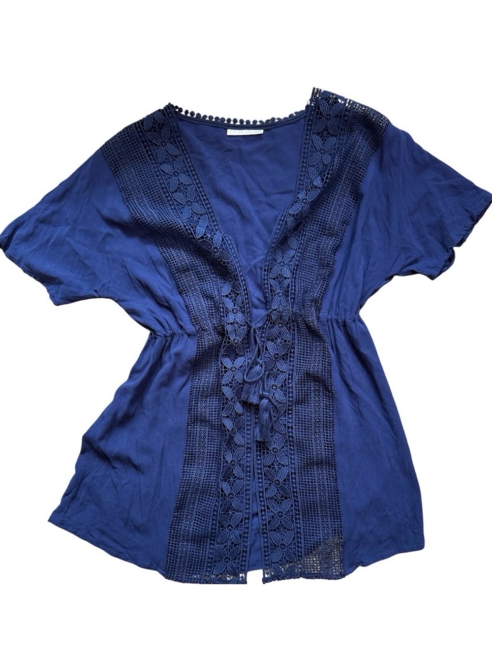 La Blanca Boho Floral Lace Detail Drawstring Swim Coverup Navy Size small/medium